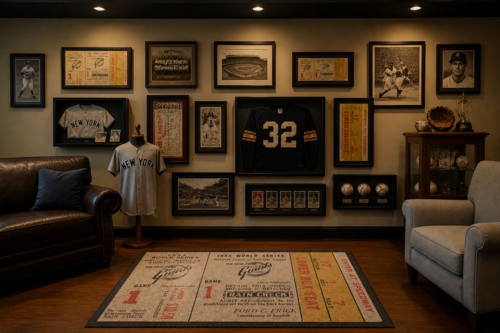 A well-organized living room wall displaying vintage baseball and football memorabilia arranged in a gallery wall formation, with framed vintage tickets, old jerseys mounted on stands, and collectible items grouped in asymmetrical clusters under warm museum-style lighting