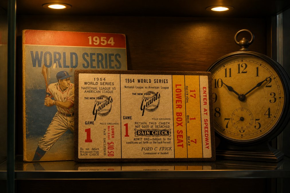 Close-up of vintage sports memorabilia including an old baseball ticket, vintage program cover, and antique wall clock illuminated by warm LED spotlights inside a glass display case, showing how proper lighting enhances colors and fine details without generating heat
