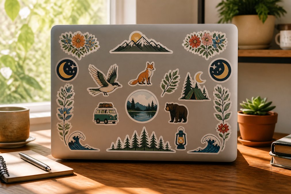 A laptop lid displaying a carefully curated collection of vinyl stickers arranged in both symmetrical patterns along the edges and eclectic clusters in the center, showing color balance and intentional spacing on a wooden desk with natural sunlight