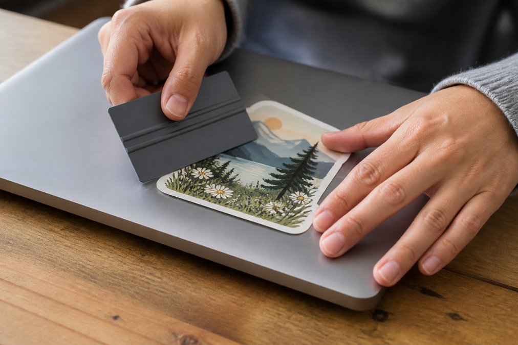 Hands carefully applying a vinyl sticker to a clean laptop surface, using a squeegee or credit card to press down firmly, with proper lighting showing the technique in detail