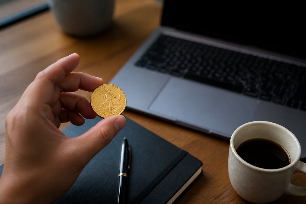 Hand holding a gold coin over a laptop displaying portfolio charts, one of the best ways to diversify portfolio with gold
