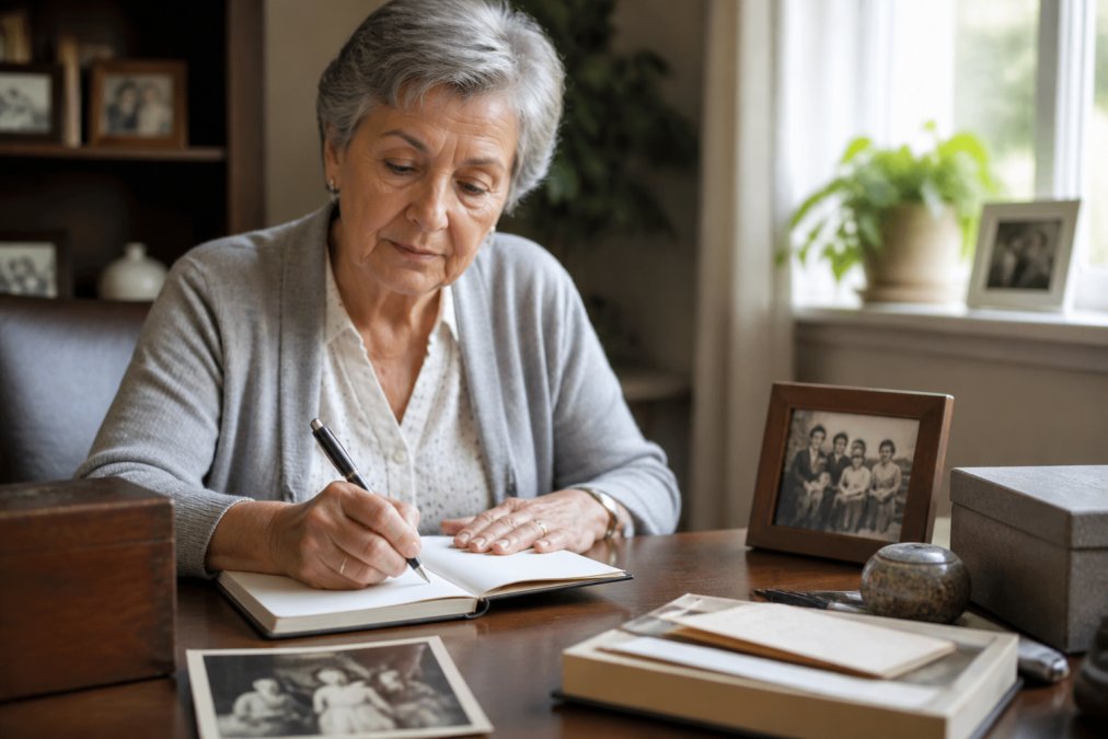 Older adult sitting at a desk with a pen and notebook, writing thoughtfully with family photographs and mementos visible on the desk surface, natural window light illuminating the page