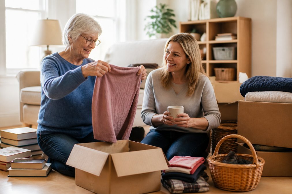 Senior woman and daughter sorting belongings into labeled boxes to downsize home in a living room