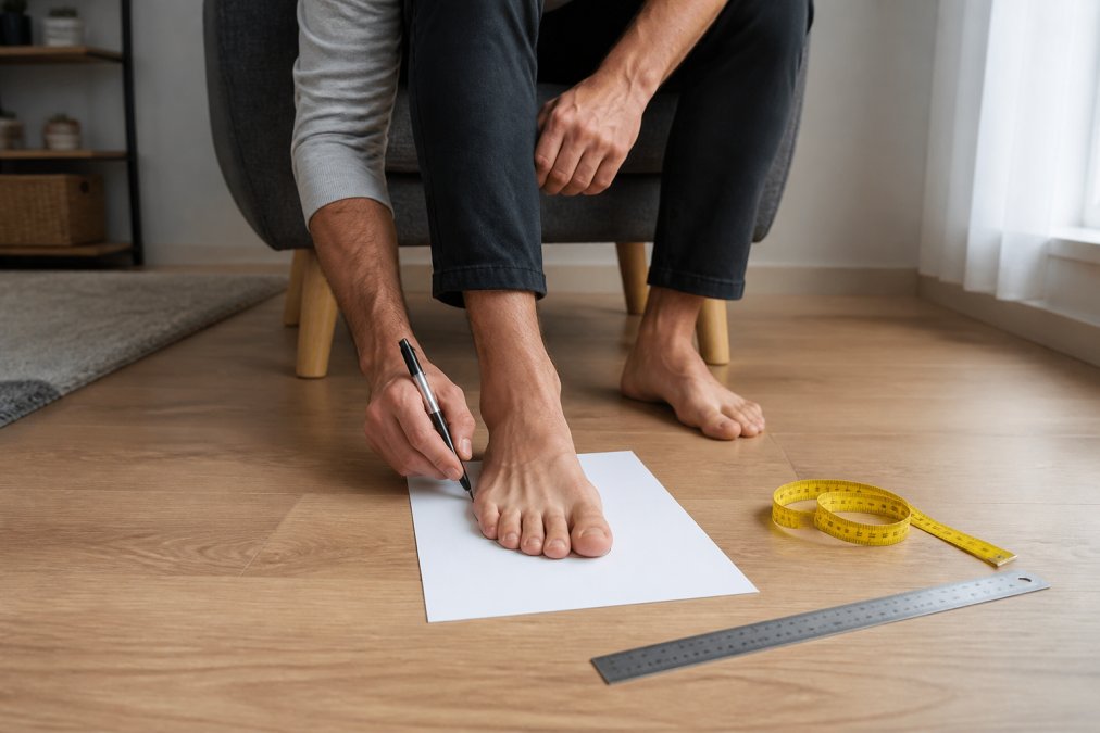 A person sitting on a chair at home, tracing the outline of their bare foot on a piece of paper with a pen, with a ruler and measuring tape visible on the floor nearby