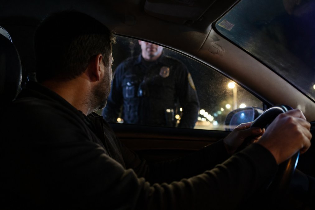 Driver keeping hands on the steering wheel during a traffic stop to help fight OWI charges later