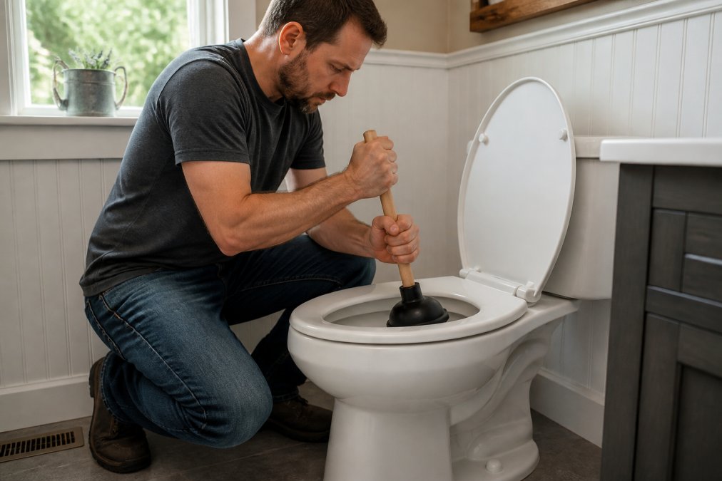 Homeowner kneeling in a bathroom to fix clogged toilets using a plunger