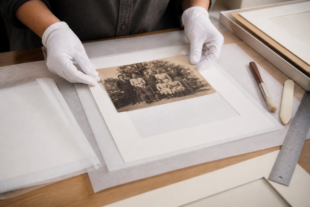 Close-up of hands wearing white cotton gloves placing an antique sepia photograph onto an acid-free mat board on a clean worktable, with archival tissue and framing tools nearby