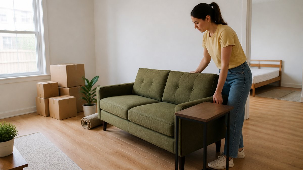 Step-by-step infographic on how to furnish an apartment cheaply using secondhand furniture and smart planning.