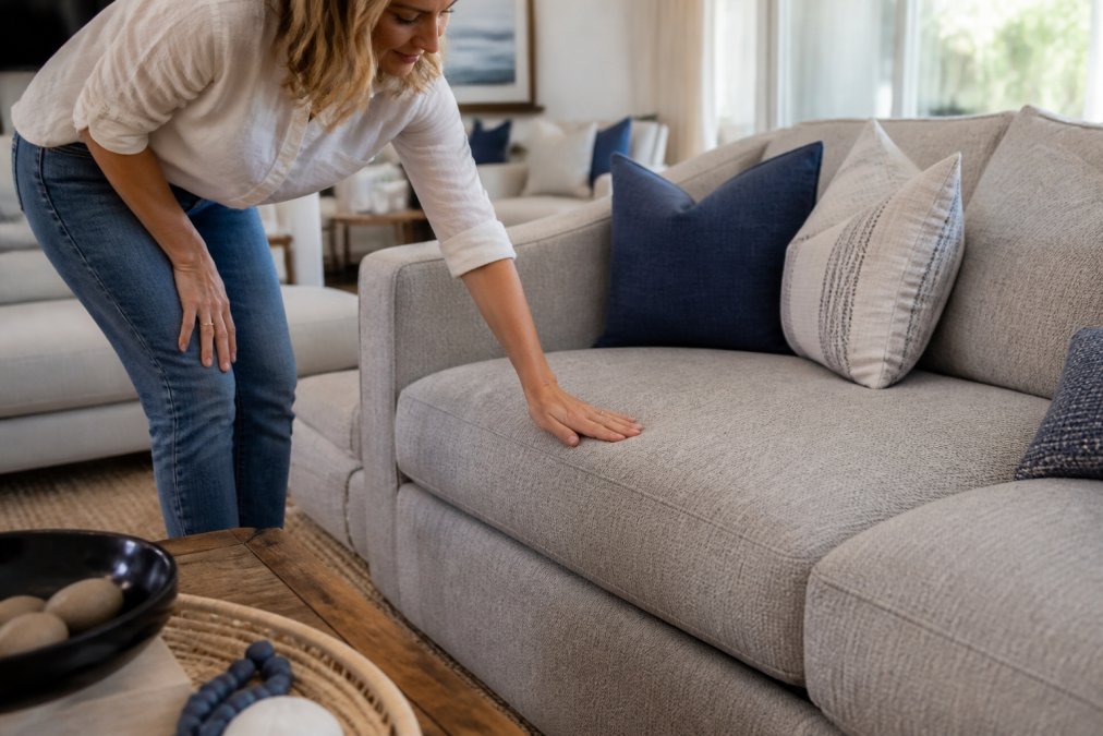 Guest running hand across high-performance fabric sofa in bright vacation rental living room, touching the textile to demonstrate durability and softness