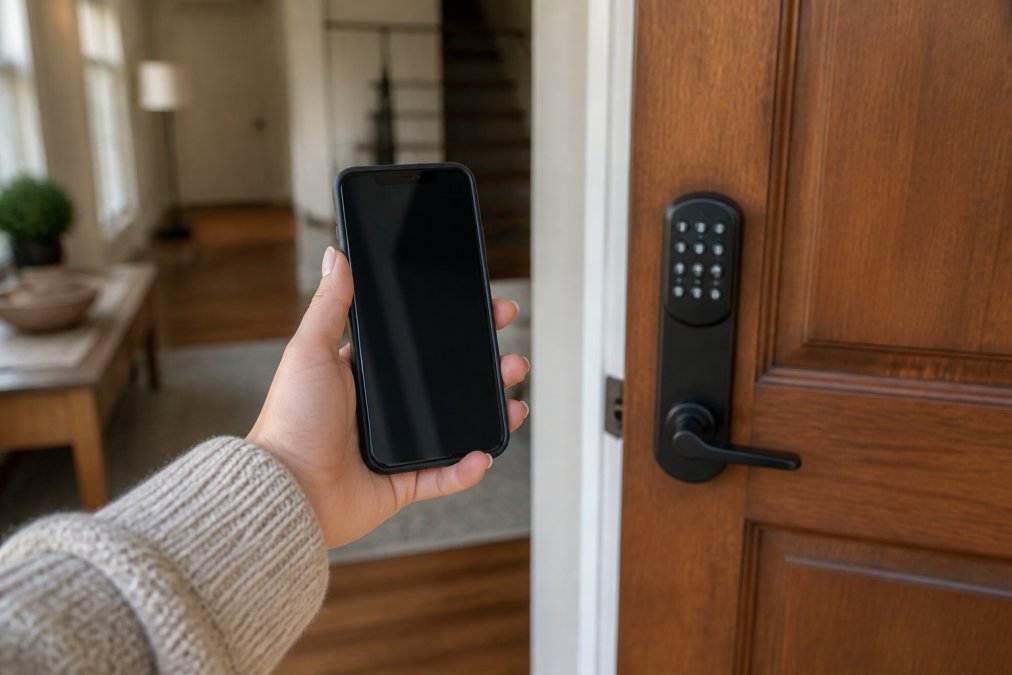 Guest's hand holding smartphone displaying smart lock interface and WiFi connection status in modern vacation rental entryway, with digital keypad visible on door