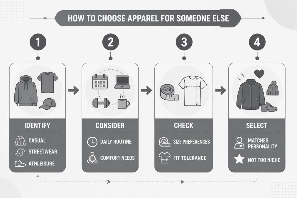 4-step flowchart for choosing clothing gifts based on style, routine, size, and personality.
