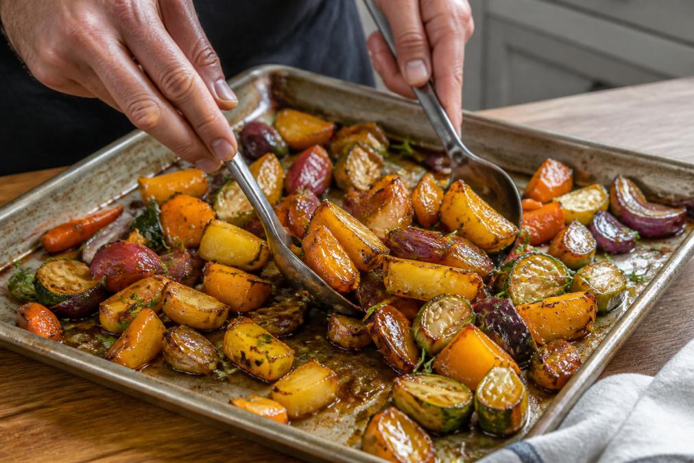 Close-up of hands tossing roasted vegetables on a sheet pan with a glossy honey glaze, showing golden-brown caramelisation and fresh herbs scattered across the surface