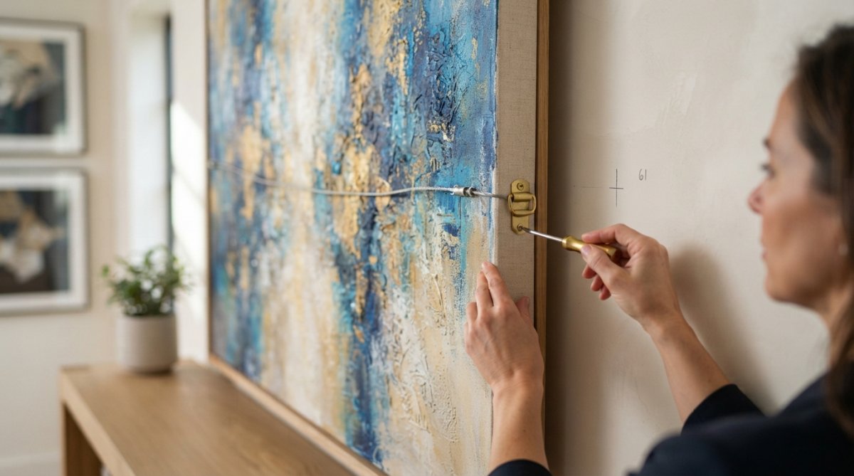 Close-up of hands holding a spirit level against a painted wall while measuring with a tape measure, with a framed abstract artwork positioned on the floor nearby ready for hanging