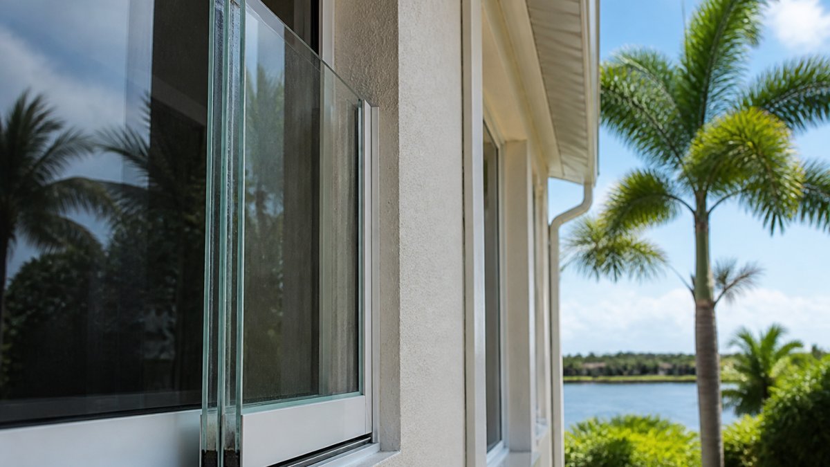 A close-up of a modern hurricane impact window with visible laminated glass layers, installed in a Florida home exterior wall, with palm trees visible outside