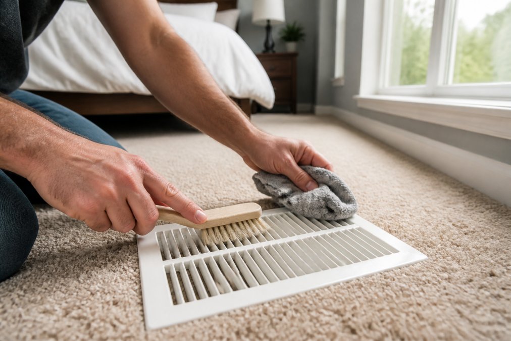Homeowner's hands cleaning dust and debris from a white air register vent using a soft brush and cloth in a bright bedroom with natural window lighting