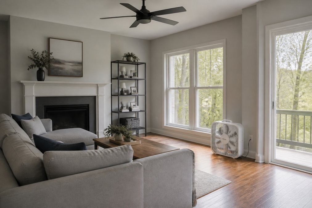 Modern living room with a ceiling fan and a box fan positioned near windows to demonstrate strategic placement for cross-room air circulation and airflow improvement