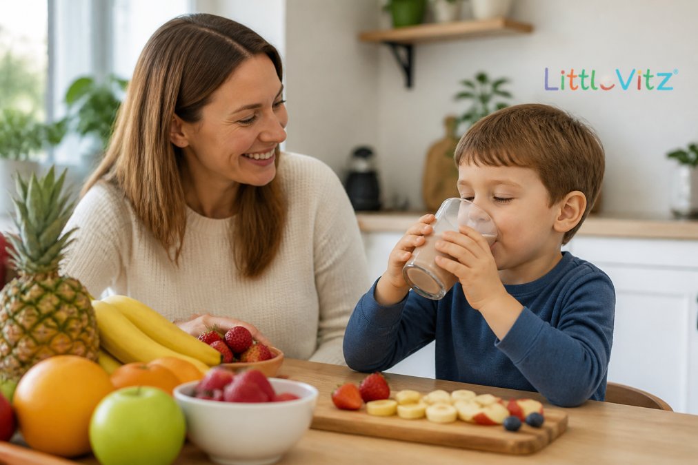 A parent and young child in a bright kitchen, child happily drinking a chocolate milk-style drink from a cup while colourful fruit sits on the counter nearby