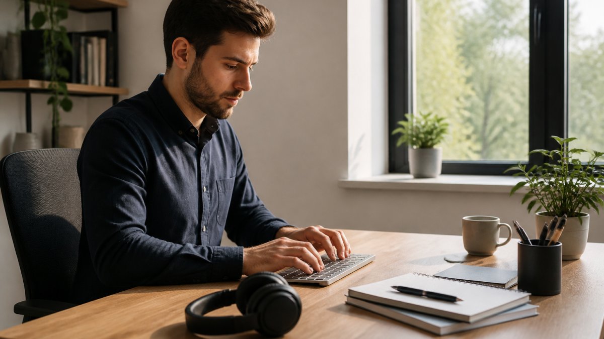 Professional working at a clean, organized desk with minimal clutter, natural light streaming from a nearby window, noise-cancelling headphones resting nearby, focused expression while typing