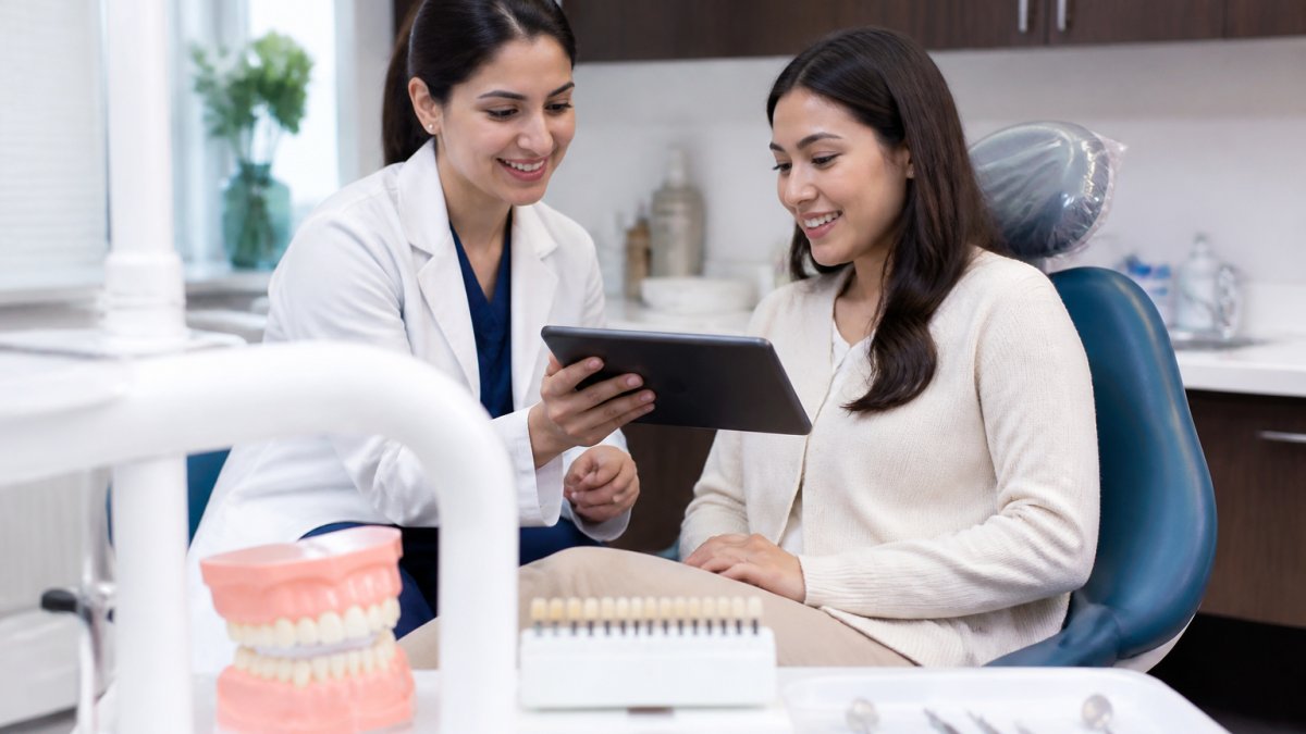 A dentist and a patient sitting together in a bright, modern dental office, reviewing treatment options on a tablet, both smiling comfortably