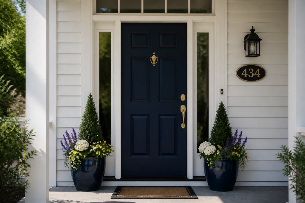 Freshly painted front door in deep blue with new brass hardware, flanked by matching potted plants with seasonal flowers, with a clean white porch and visible house numbers