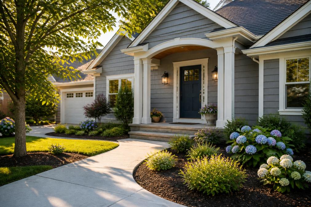 A suburban home with fresh landscaping and a painted door to help increase property value through curb appeal.