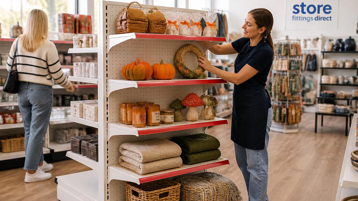 A shop assistant in a small independent store adjusting a promotional end bay display of seasonal goods, with a customer browsing nearby in warm natural light