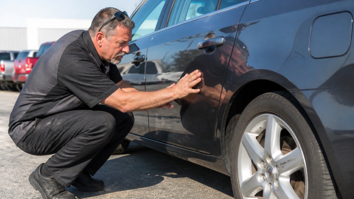 Mechanic inspecting a used sedan for body damage as one of the best ways to inspect a used vehicle.