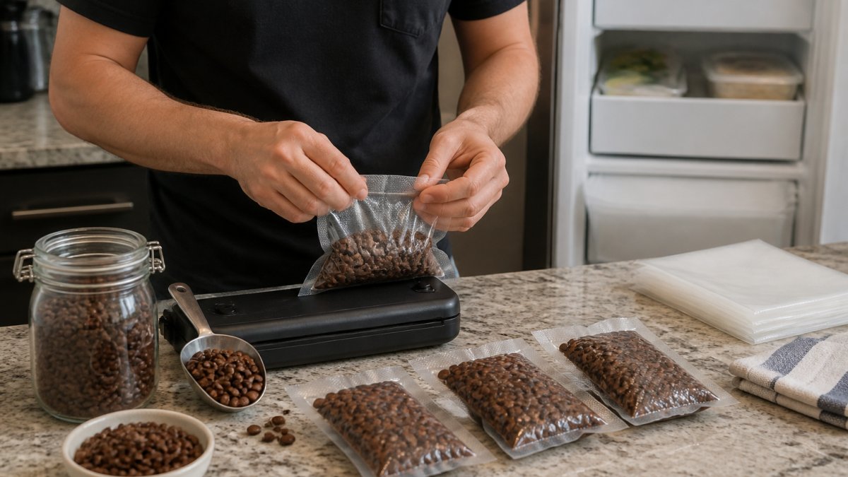 A person sealing small portions of coffee beans into vacuum bags on a kitchen counter, with a freezer visible in the background