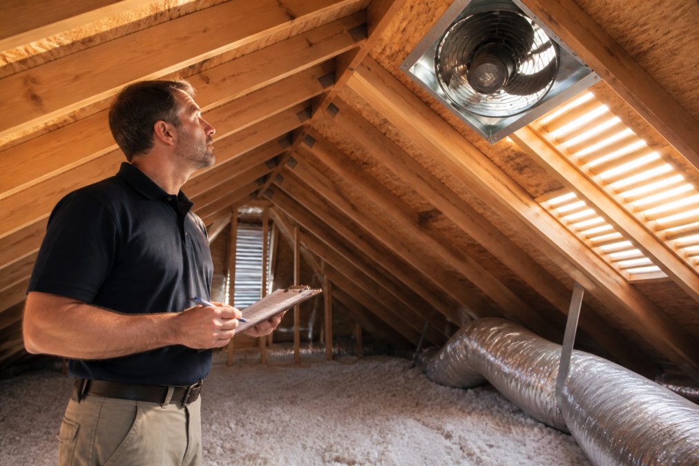 A homeowner in a garage or attic space inspecting a newly installed ventilation fan with a clipboard, warm afternoon light streaming through roof vents