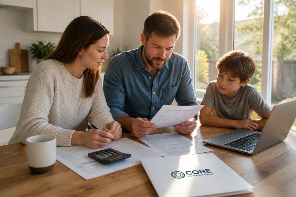 A family reviewing insurance paperwork together at a kitchen table with a laptop and calculator, warm afternoon light through the window