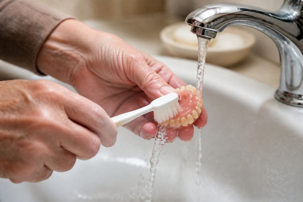 Hands gently brushing dentures with a soft-bristled brush under warm running water to maintain oral hygiene.