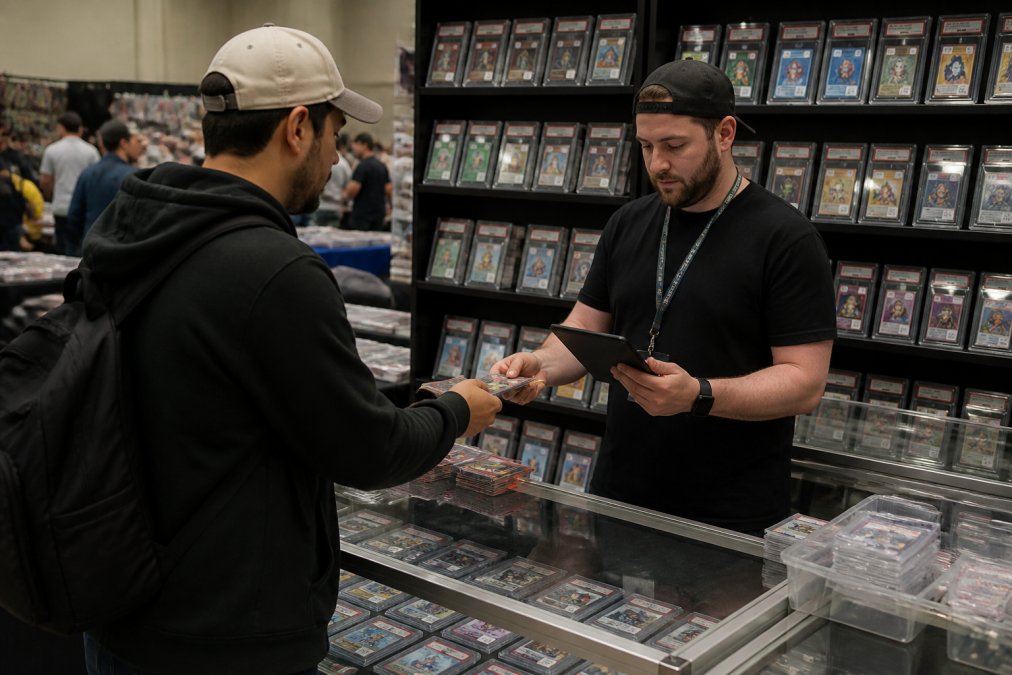 Vendor using an iPad to process booth sales for a customer trading cards at a hobby show
