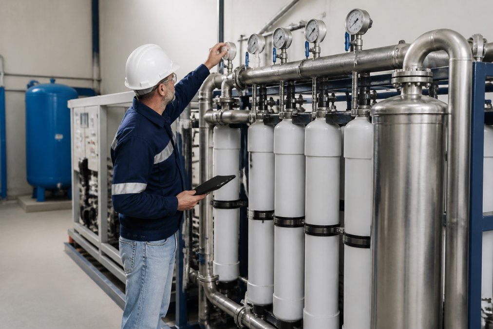 A facility manager in safety gear inspecting a large industrial water filtration system with gauges and pipes in a clean utility room