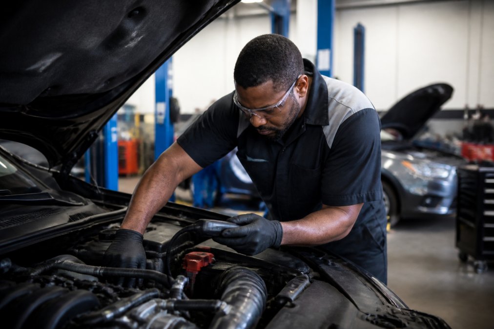 Certified technician using diagnostic equipment to manage car repairs on a vehicle engine in a modern shop