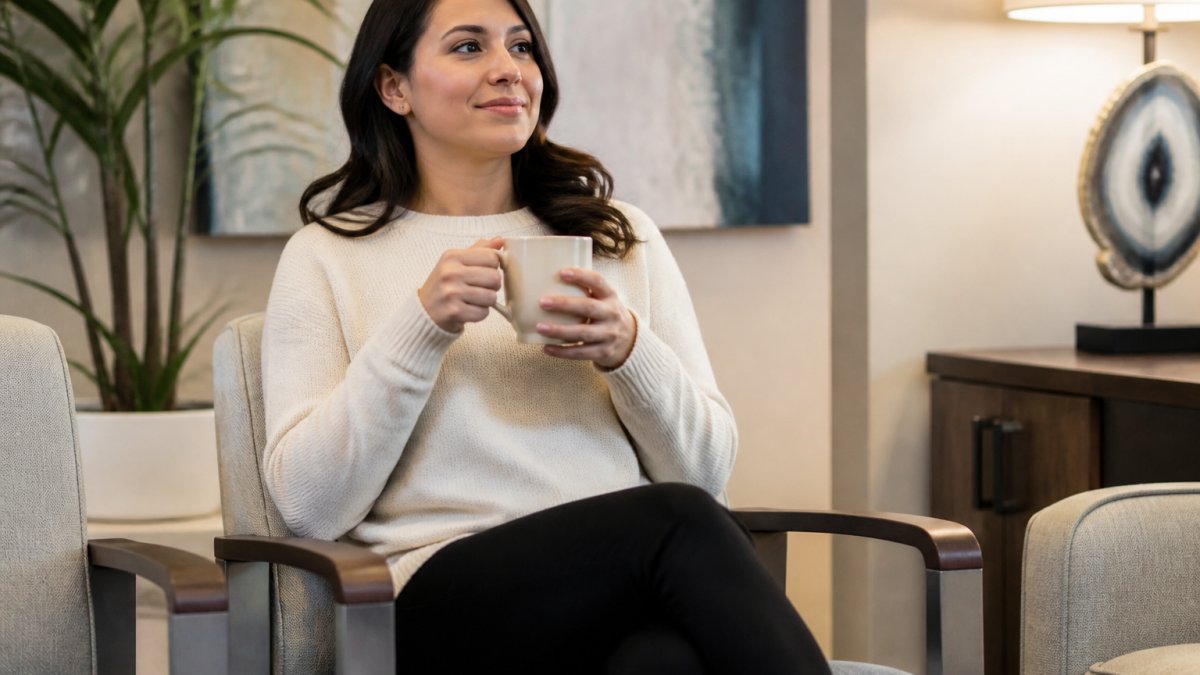 Relaxed adult in a comfortable waiting room chair holding a warm drink to help manage dental anxiety