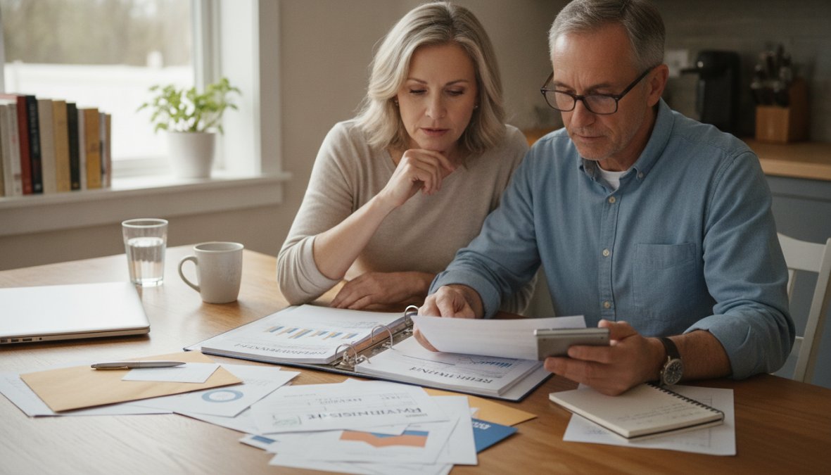 Middle-aged couple sitting at kitchen table reviewing retirement documents and financial statements together with laptop and calculator nearby, natural afternoon light through windows