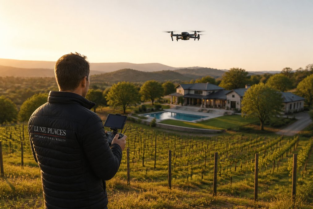 A professional photographer in a field operating a drone to capture aerial footage of a sprawling estate with a vineyard and a large pool in the background during the golden hour