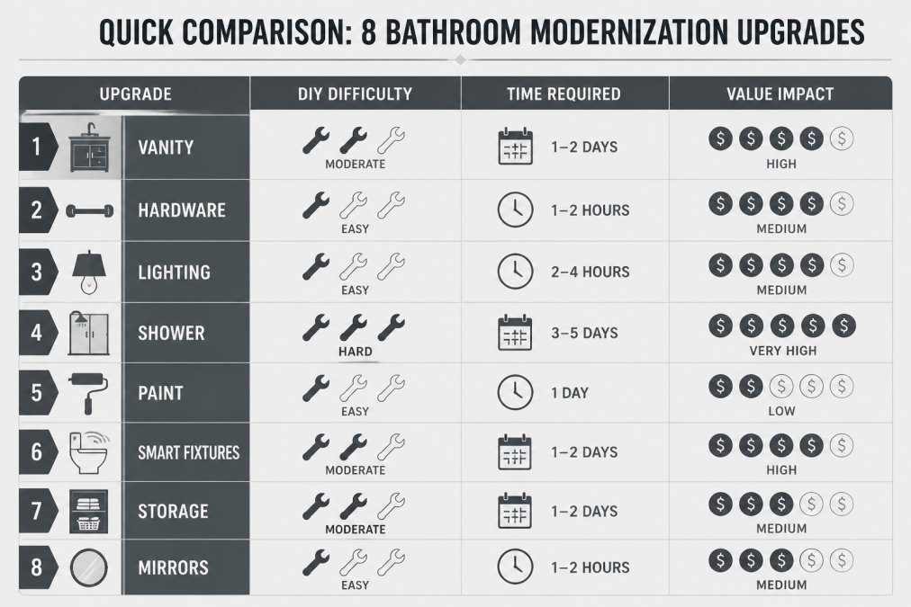Comparison matrix of 8 bathroom modernization upgrades showing DIY difficulty, time required, and value impact across vanity, hardware, lighting, shower, paint, smart fixtures, storage, and mirrors