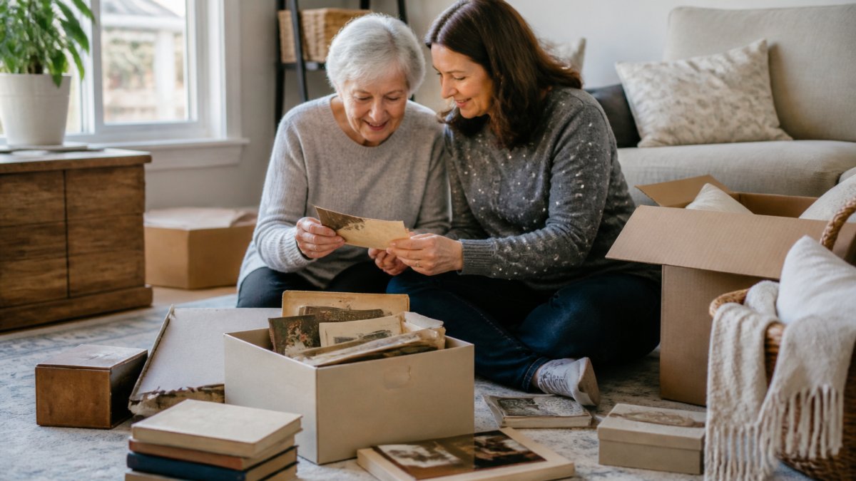 An older adult and an adult child sitting together on a living room floor, sorting through a box of old photographs and keepsakes, with donation boxes labeled nearby, soft afternoon light through the window