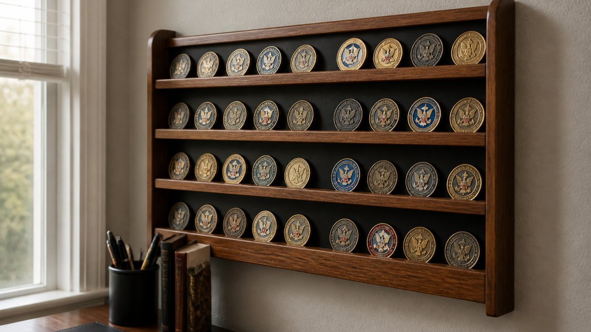 A close-up of a wooden wall-mounted challenge coin rack in a home office, holding rows of military coins with engraved emblems, soft natural light from a nearby window