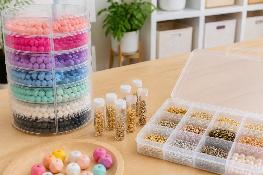Stackable towers and vials used to organize craft beads on a desk