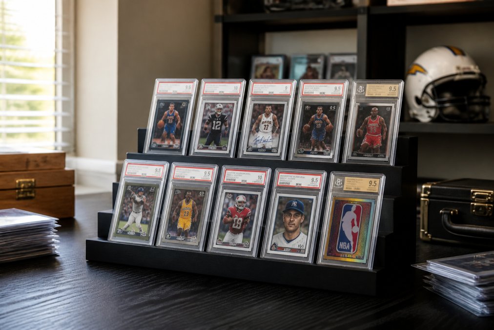 A collector's desk with a tiered self-standing display shelf holding several PSA and BGS graded card slabs, each slab fully visible with labels showing, natural window light, tidy game room setting