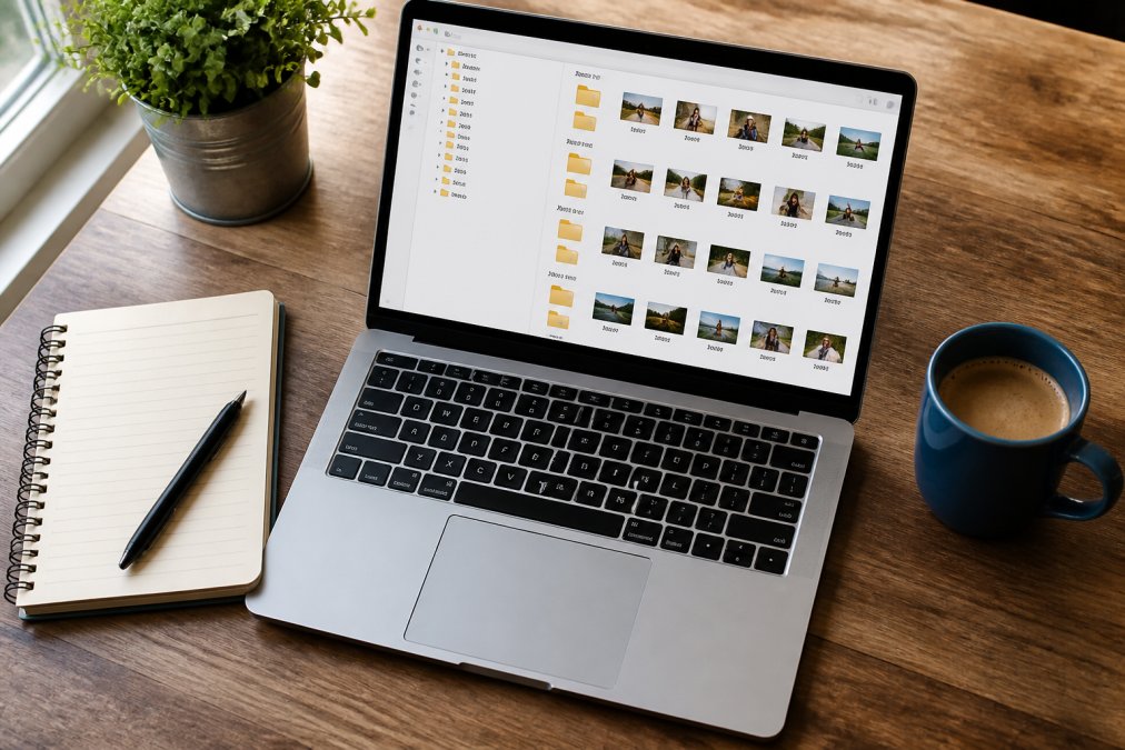 Laptop screen showing a year-month-event folder structure for a digital photo library on a wooden desk.
