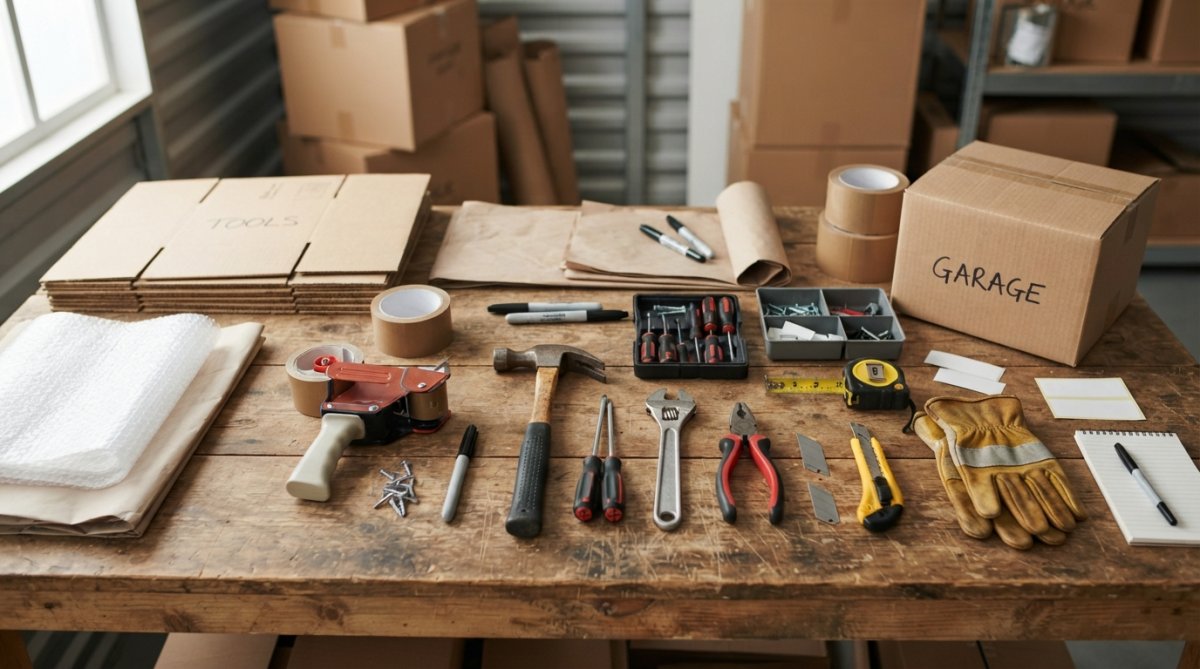 Overhead view of packing materials arranged on a wooden workbench: rolls of bubble wrap, sheets of packing foam, moving blankets folded neatly, packing tape dispensers, silica gel packets, crushed paper in a pile, and small plastic organisers