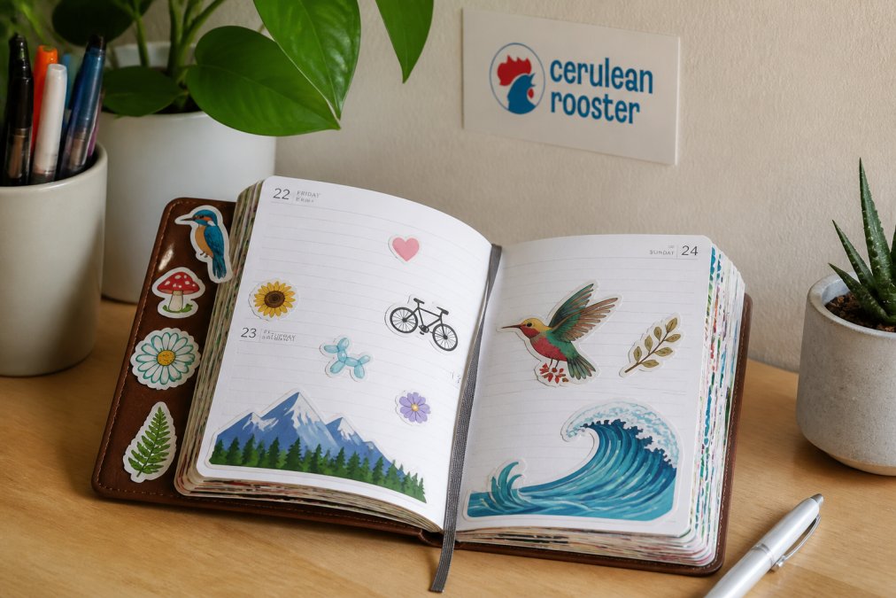 Infographic showing steps to personalize daily planners with colorful handmade vinyl stickers on pages and spines