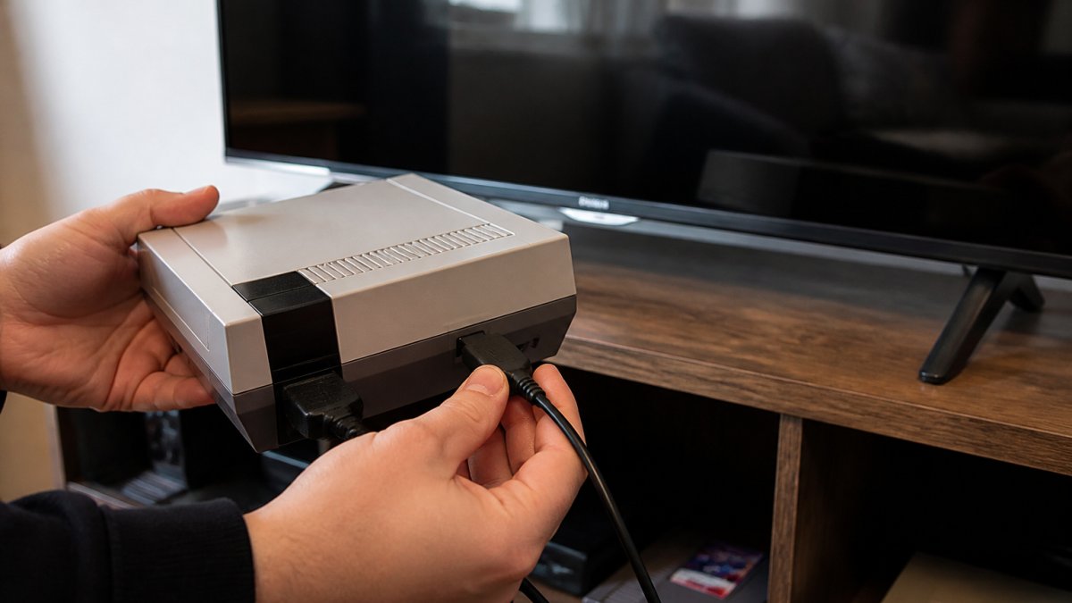 Diagram showing the steps to connect a vintage game console to a modern flat-screen television using an adapter