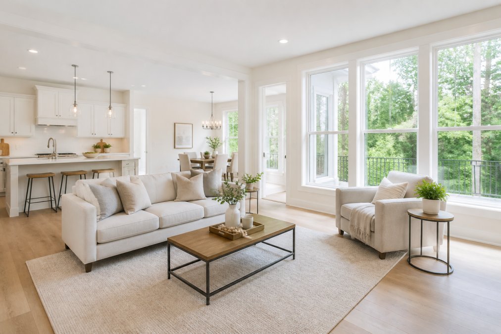 Bright, airy living room with minimal furnishings, natural light streaming through large windows, neutral beige and white decor, open floor plan with simple staging
