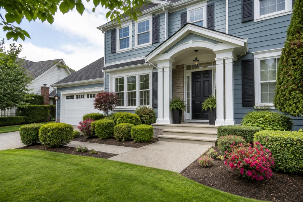 Well-maintained home exterior with manicured landscaping, clean driveway, fresh white trim, welcoming front entrance with potted plants flanking the door, green lawn