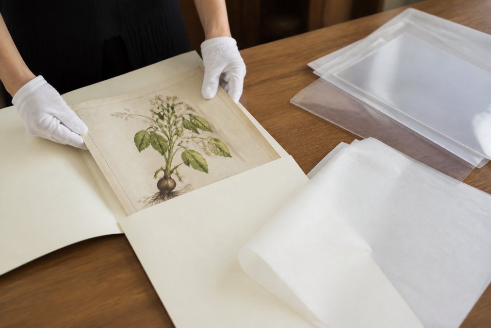 Close-up of hands in white cotton gloves carefully placing an antique botanical print into an acid-free archival folder on a clean wooden table, with polyester sleeves and unbuffered tissue paper nearby