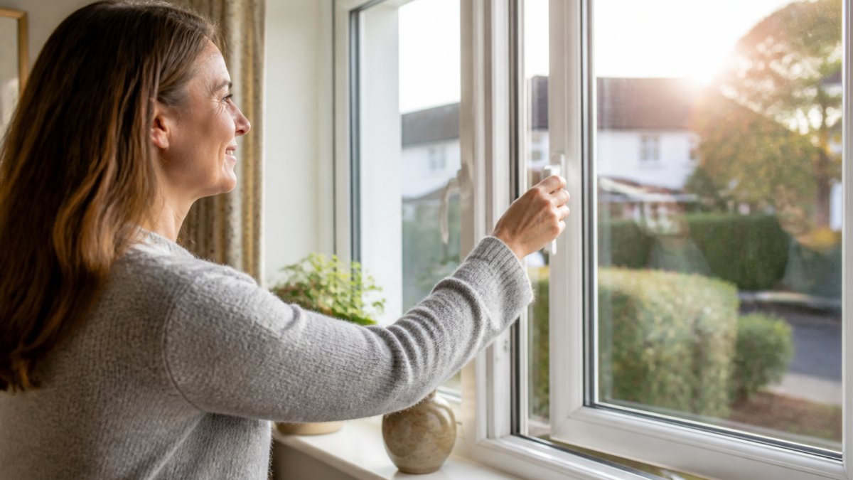 A person opening a uPVC casement window in a bright British living room, morning light streaming in, showing the window frame and handle clearly